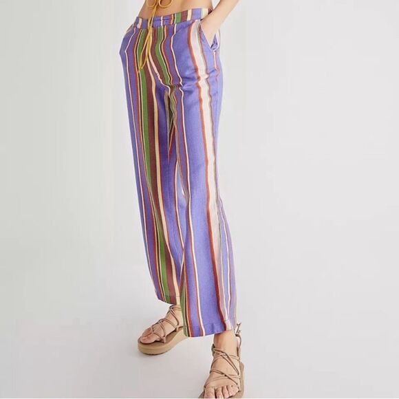 Free People La Paz Slim Crop Multicolored Striped Pants Size 6 - Picture 1 of 16